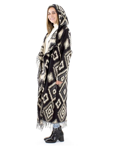 Manteau long acrylique capuche franges Jacquart géométrique