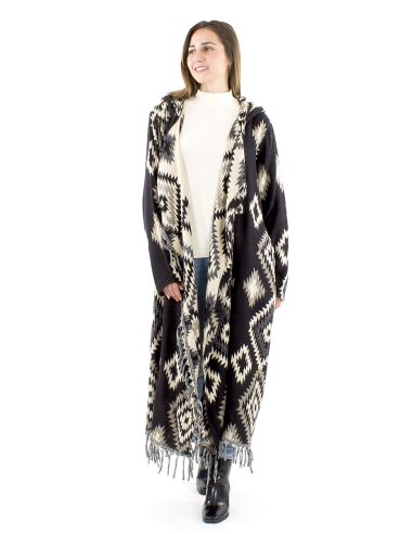 Manteau long acrylique capuche franges Jacquart géométrique