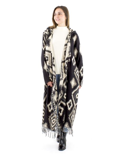 Manteau long acrylique capuche franges Jacquart géométrique