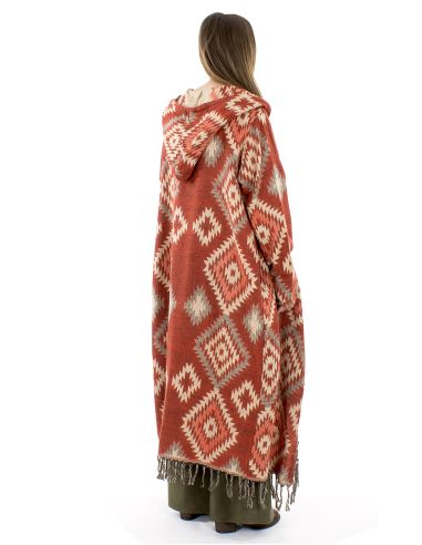 Manteau long acrylique capuche franges Jacquart géométrique