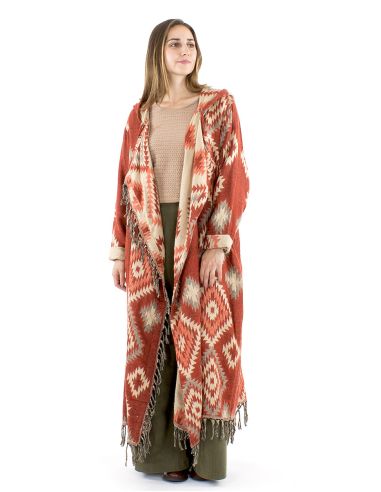 Manteau long acrylique capuche franges Jacquart géométrique