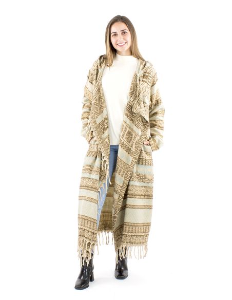Manteau long acrylique capuche franges Jacquart lignes