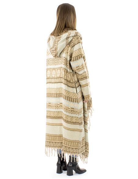 Manteau long acrylique capuche franges Jacquart lignes