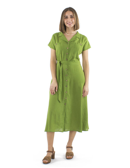 Robe longue 91% viscose 9% lin boutonnée 2 poches poitrine