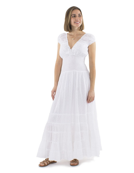 Robe coton blanc brodée doublée élastique ceinture