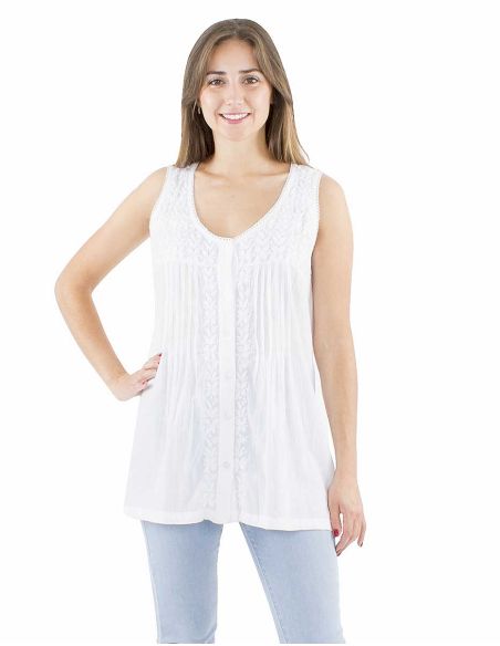 Débardeur coton boutonné brodé main