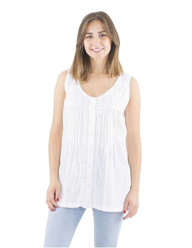 Débardeur coton boutonné brodé main