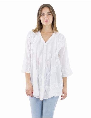 Chemisier coton boutonné brodé main plis poitrine