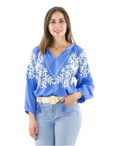 Chemisier viscose brodé main manches 3/4