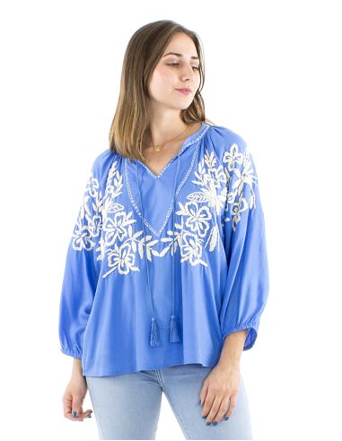 Chemisier viscose brodé main manches 3/4