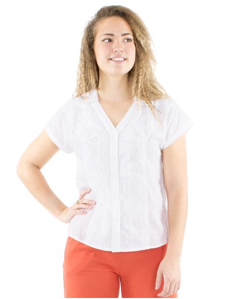 Chemisier coton blanc brodé manches courtes