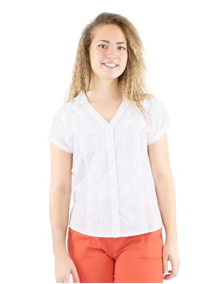 Chemisier coton blanc brodé manches courtes