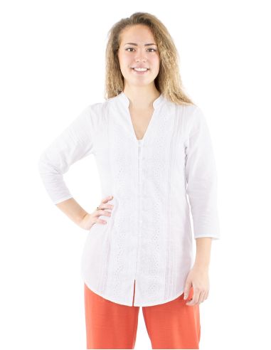 Chemisier coton blanc brodé manches 3/4