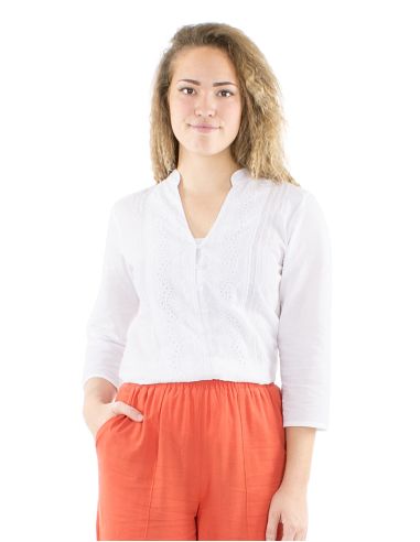 Chemisier coton blanc brodé manches 3/4
