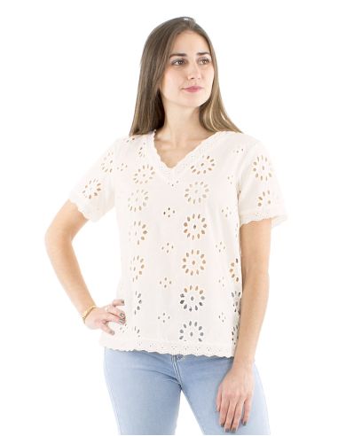 Chemisier coton blanc brodé manches courtes col V