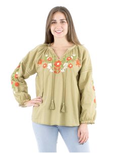 Chemisier coton manches 3/4 brodé main