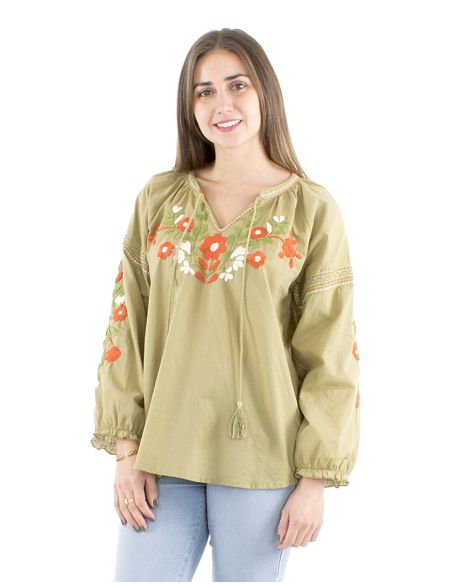 Chemisier coton manches 3/4 brodé main