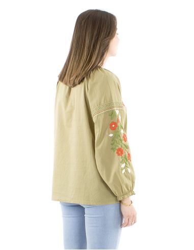 Chemisier coton manches 3/4 brodé main