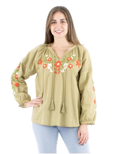 Chemisier coton manches 3/4 brodé main