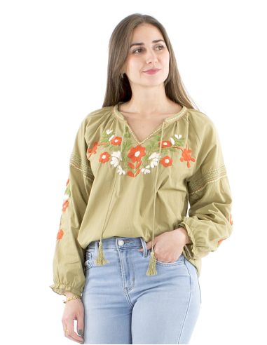 Chemisier coton manches 3/4 brodé main