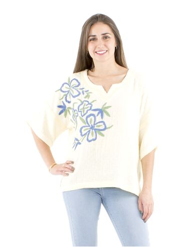 Chemisier coton manches courtes brodé main gaze
