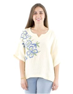 Chemisier coton manches courtes brodé main gaze 2