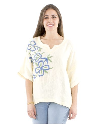 Chemisier coton manches courtes brodé main gaze