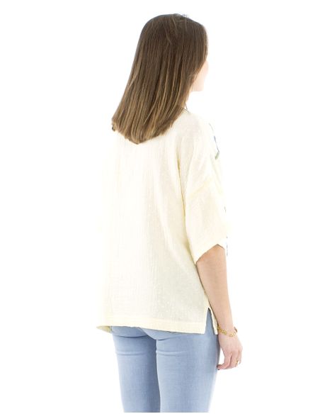 Chemisier coton manches courtes brodé main gaze