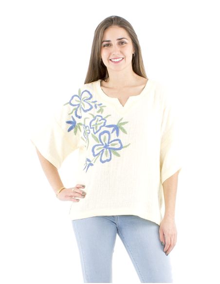 Chemisier coton manches courtes brodé main gaze