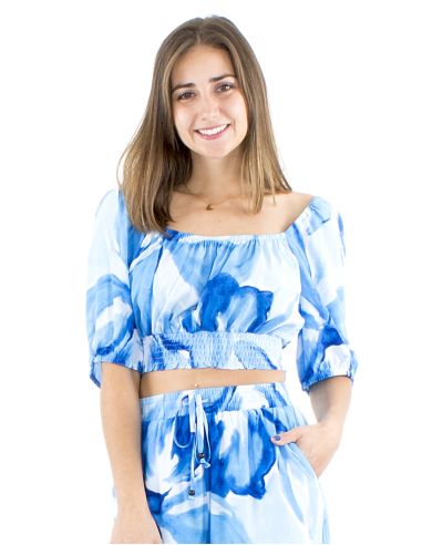 Top viscose court manches courtes imprimé Orchidee