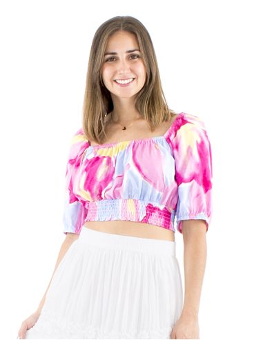 Top viscose court manches courtes imprimé Orchidee