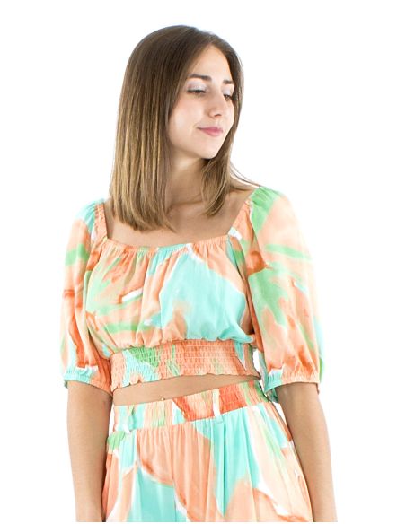 Top viscose court manches courtes imprimé Orchidee