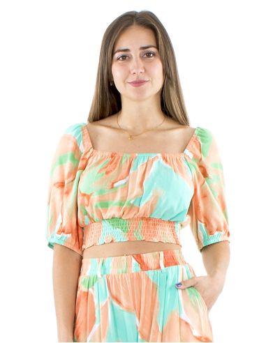 Top viscose court manches courtes imprimé Orchidee