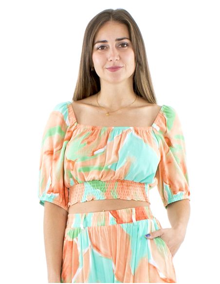 Top viscose court manches courtes imprimé Orchidee