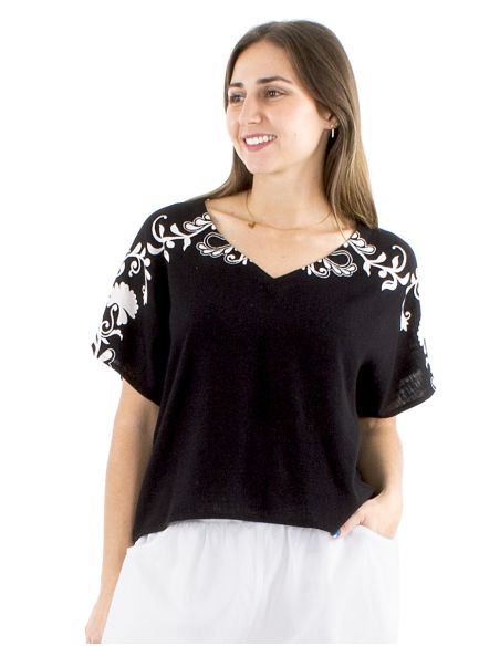 Chemisier 70% viscose 30% lin col V blanc/noir