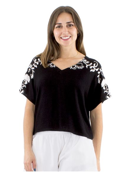 Chemisier 70% viscose 30% lin col V blanc/noir