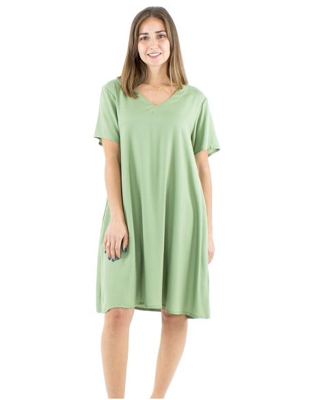 Robe viscose unie col V manches courtes mama