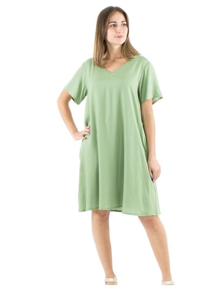 Robe viscose unie col V manches courtes mama