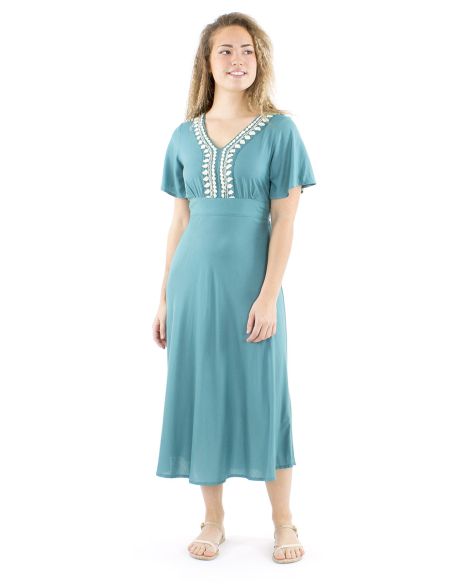 Robe viscose brodée manches courtes unie