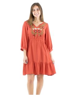 Robe viscose brodée manches 3/4 unie