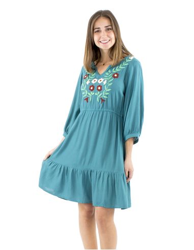 Robe viscose brodée manches 3/4 unie