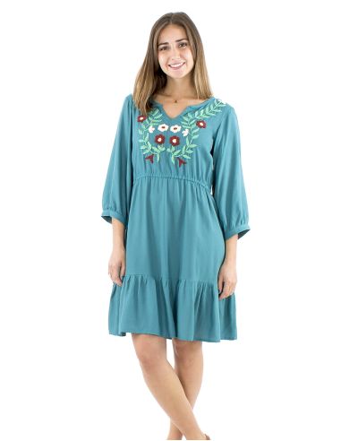 Robe viscose brodée manches 3/4 unie