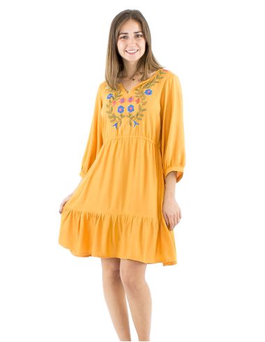 Robe viscose brodée manches 3/4 unie