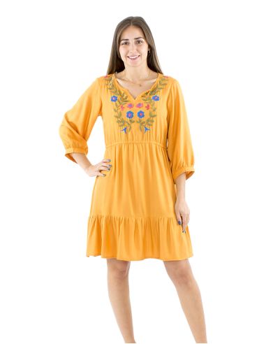 Robe viscose brodée manches 3/4 unie