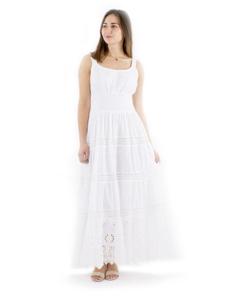 Robe coton blanche longue brodée bretelles