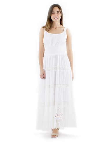 Robe coton blanche longue brodée bretelles