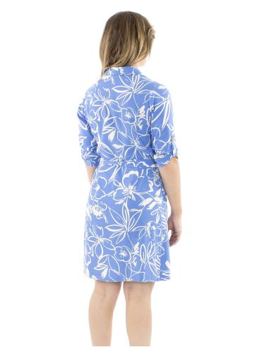 Robe 70% viscose 30% lin boutonnée manches 3/4 retroussables imprimé fleurs