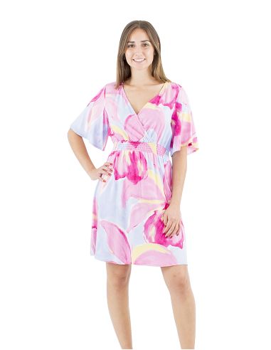 Robe viscose manches courtes taille élastiquée imprimé Orchidee