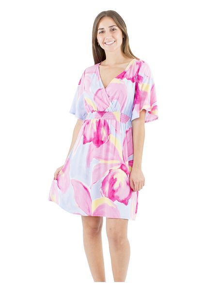 Robe viscose manches courtes taille élastiquée imprimé Orchidee