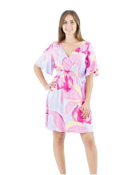 Robe viscose manches courtes taille élastiquée imprimé Orchidee